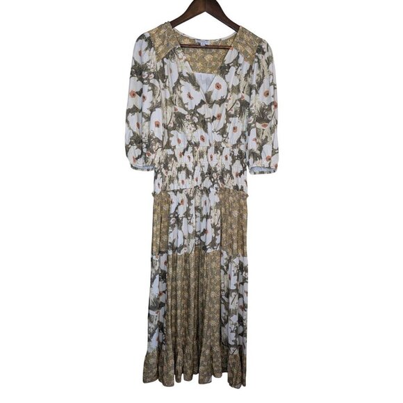 Current Air Floral Patchwork Linen Maxi Dress Medium Prairie Peasant Cottagecore - Picture 1 of 9